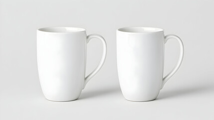 Obraz premium Two blank white coffee mugs on a light gray background