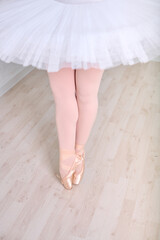 Young female ballerina legs in white tutu holds perfect ballet pose on pale wooden floor. Soft lighting enhances delicate texture and elegant poise of pink pointe shoes © TRAVELARIUM