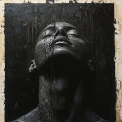 A dramatic painting of a person with a tilted head, covered in dark dripping paint.