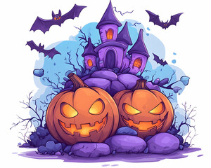 Fototapeta premium Two jack-o'-lanterns glow before a spooky castle, bats flying overhead