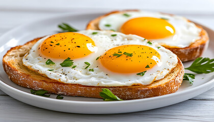 Two sunny-side up eggs on toasted bread, garnished with parsley