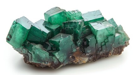 Intricate cluster of vibrant green crystalline structures exhibiting cubic formations, showcasing the beauty of natural mineral specimens against a clean backdrop.