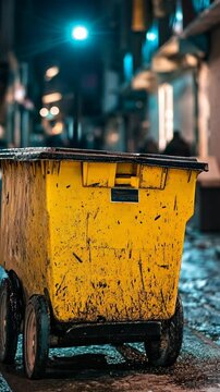 Dirty yellow trash bin sits on a wet alley surrounded by blurred lights in an urban nighttime setting