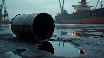 A broken oil barrel leaking black crude oil onto the dock, with an oil tanker in the background. Thick oil spreads in glossy puddles, reflecting the industrial landscape. Dark and moody lighting, high