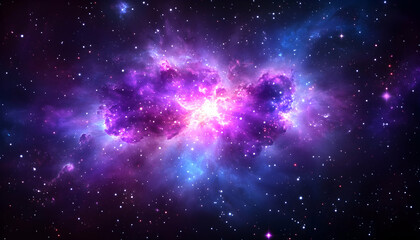 Vibrant nebula with purple and blue hues, glowing intensely against a starry backdrop