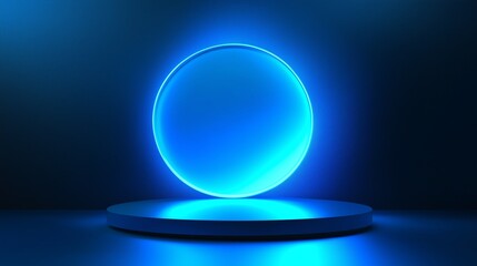 Blue empty podium with glowing neon frame in the dark for product presentation. 3D rendering