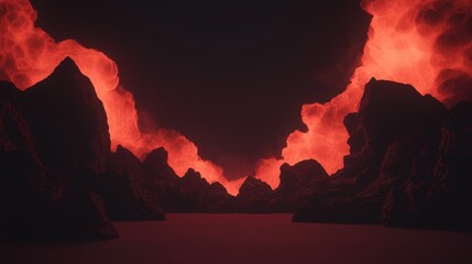 A dramatic landscape of red and orange mountains, with a dark sky and a body of water in the foreground.