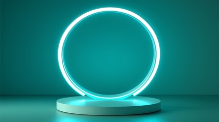 Blue empty podium with glowing neon frame in the dark for product presentation. 3D rendering