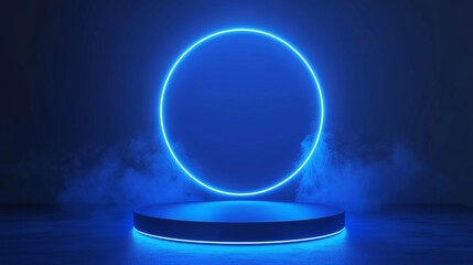 Blue empty podium with glowing neon frame in the dark for product presentation. 3D rendering