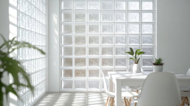 Modern dining area, glass block wall, sunlight, plants, minimalist