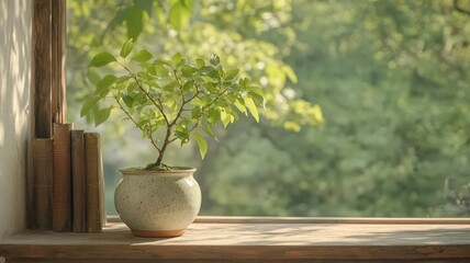 Bonsai Tree on Windowsill with Old Books and Sunlit Green Background