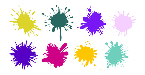Set of colorful splatters on a white background. The splatters are of different sizes and shapes. Vector illustrations isolated on transparent background