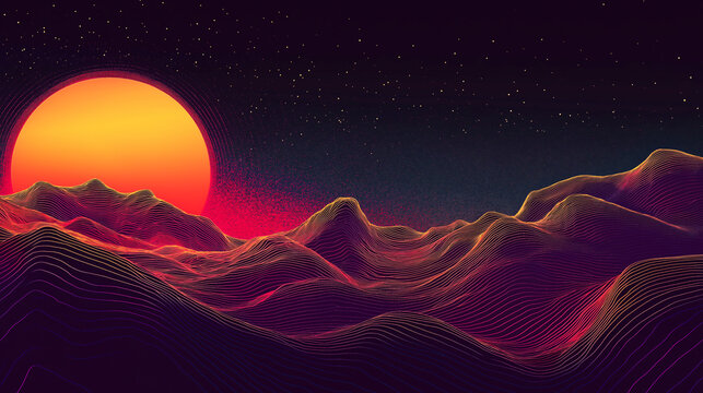 Virtual sunset in the digital world. The sun sets behind digital mountains. The whole thing is retro-styled.