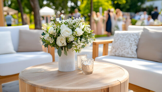 White roses centerpiece on wooden table at outdoor event