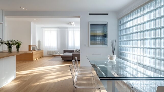 Modern apartment dining area, sunlight, glass block wall, open plan living