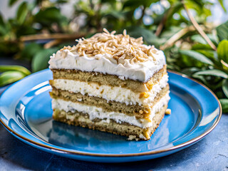 Tasty homemade layered cake with cream and toasted coconut. Delicious food background