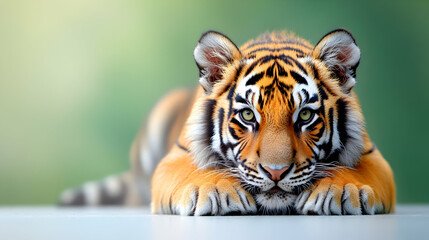 Young tiger cub resting, gazing intently
