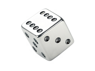 Shiny metal dice with six sides showing various numbers, perfect for games