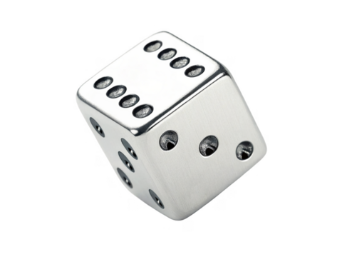 Shiny metal dice with six sides showing various numbers, perfect for games