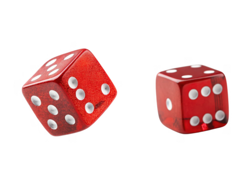 Red dice with white dots, showing different numbers, on transparent background - Powered by Adobe