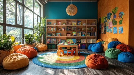 Sunlit Playroom with Bookshelves and Beanbag Chairs