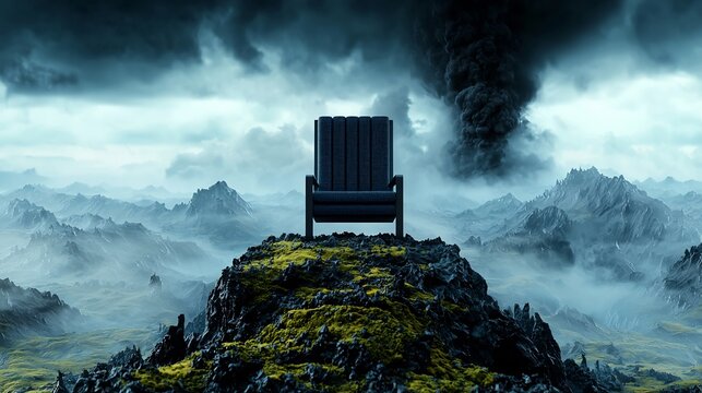 Dark chair atop a mountain peak, amidst a stormy sky.