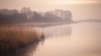 Fototapeta premium A misty riverbank with tall reeds, calm water, and the distant call of waterfowl