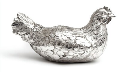 A beautiful silver sculpture depicting the likeness of a hen