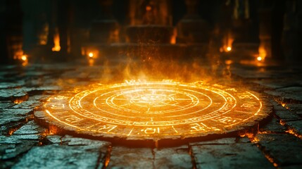 Ancient book of thoth glowing stone altar hieroglyphs shining mystical aura surrounding it set in a dark temple with flickering torchlight