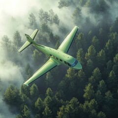 EcoFriendly Private Jet Soaring Above Misty Green Forest Landscape Aerial View