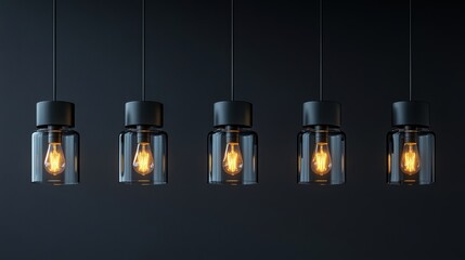 Row of five elegant pendant lights with clear glass shades and warm Edison bulbs suspended against a dark textured wall creating a sophisticated ambiance