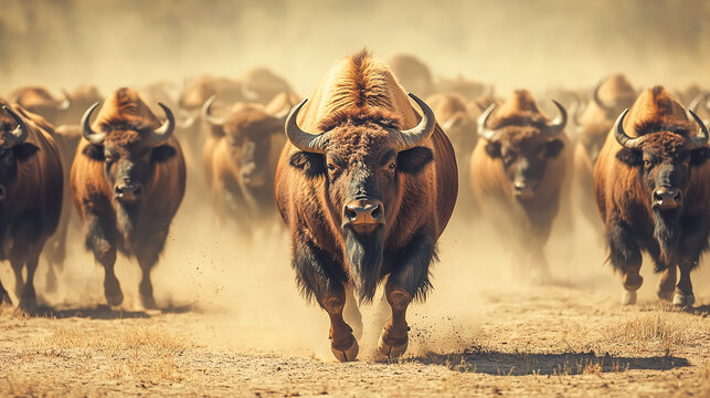 Front view of a big herd of wild American buffalos (bisons) stampede running in a dusty plain, America Far West symbol, US national mammal