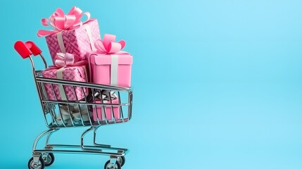 Shopping cart filled with presents on a white background, perfect for holiday sales, Christmas shopping, or gift-related promotions.
