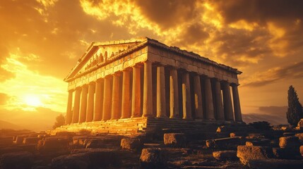 Obraz premium A grand ancient temple structure basking under the setting sun