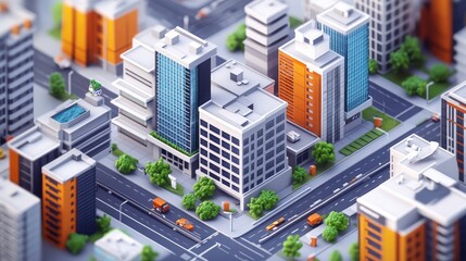 A Stunning Aerial View of a Modern Cityscape with LowPoly Buildings and Lush Greenery