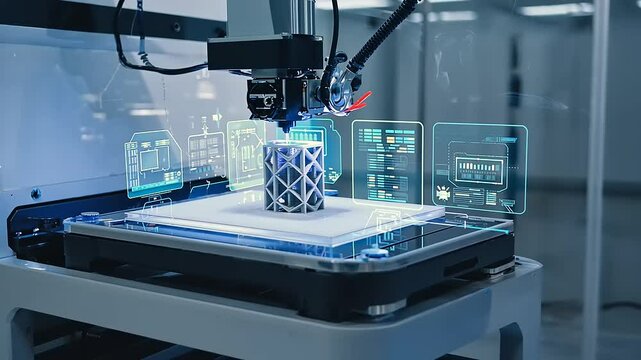 3D Printing: A state-of-the-art 3D printer meticulously crafts a complex geometric object, illuminated with digital interfaces. Demonstrating cutting-edge technology