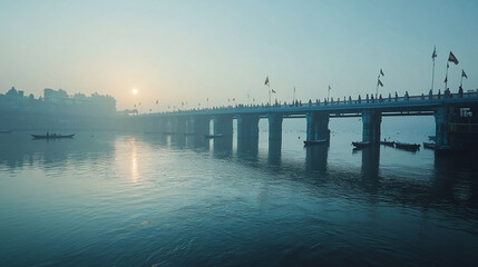 Obraz premium General view of pontoon bridges over the Ganges river at the Kumbh Mela Festival, the largest religious gathering on the planet, in Allahabad, Uttar Pradesh, India
