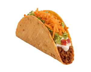 Taco Bell Doritos Locos Tacos isolated on white, transparent background, cutout image showcasing the iconic crunchy taco shell and filling in high detail