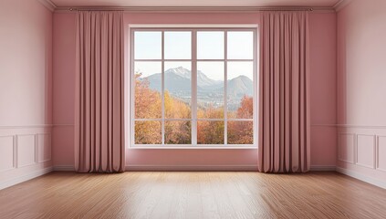 Fototapeta premium Pink Interior with Window View, 3D Rendering.