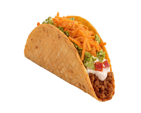 Taco Bell Doritos Locos Tacos isolated on white, transparent background, cutout image showcasing the iconic crunchy taco shell and filling in high detail
