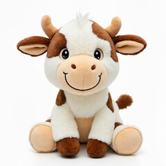 Cheerful plush cow toy sitting with a joyful expression on a white background