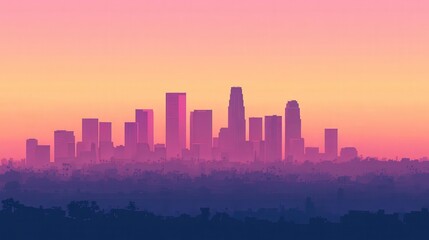 Naklejka premium Vibrant Sunset Over Los Angeles Skyline with Silhouetted Buildings and Colorful Sky