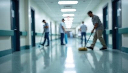 Janitor Cleaning Hospital Corridor Floor With Mop