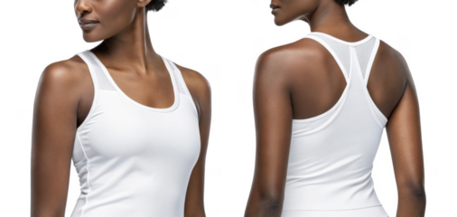 This features woman wearing white athletic tank top, showcasing both front and back views. design emphasizes comfort and style