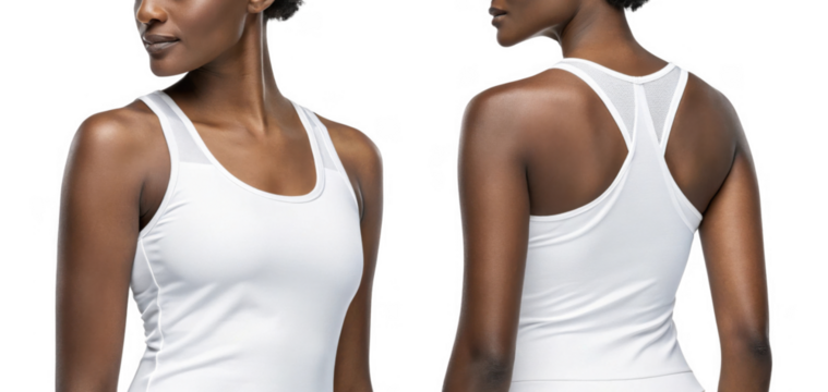 This features woman wearing white athletic tank top, showcasing both front and back views. design emphasizes comfort and style