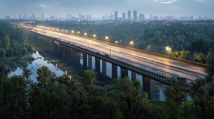 Illuminated bridge arches over a river, framed by a distant city skyline. A scenic hilltop view captures urban beauty and tranquil waters