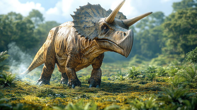 Image of Triceratops, an ancient dinosaur with a tough shell and three large horns, leisurely walking across a forest plain