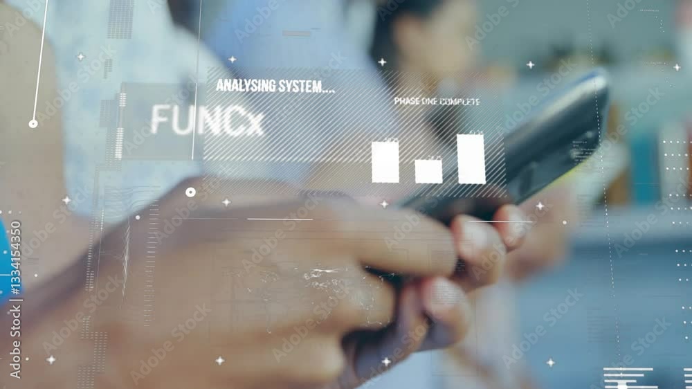 Poster hands interacting with digital animation displaying system analysis in school setting