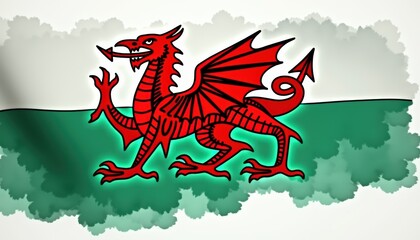 Welsh flag banner in wavy motion. Watercolor style illustration. Paintbrush form or spilled paint form on light background. Flag of Wales. National day celebration concept, patriotism concept