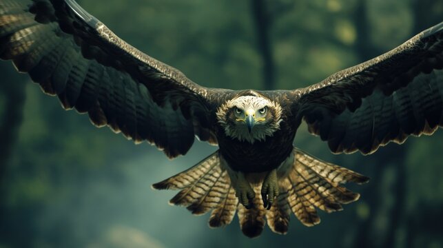 A majestic eagle is flying toward the camera with wings outstretched